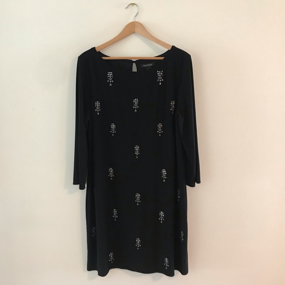White House | Black Market black dress w gemstone embellishments and long sleeve